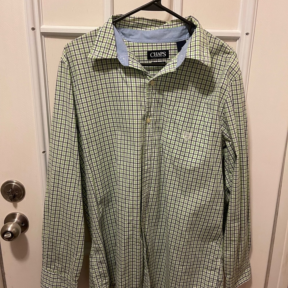 Men’s button down long sleeve shirt.